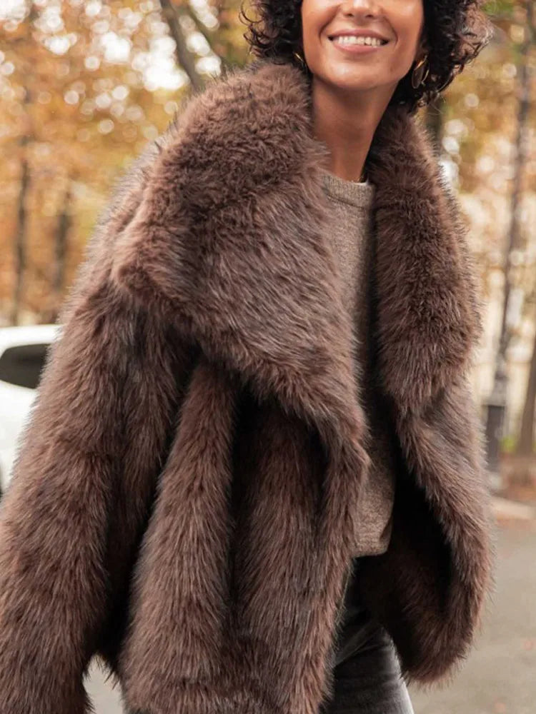 Women's Brown Long Sleeved Buttons Faux Fur Coat Winter Thick Warm Fury Turn-down Jacket Female High Street Outerwear 2024