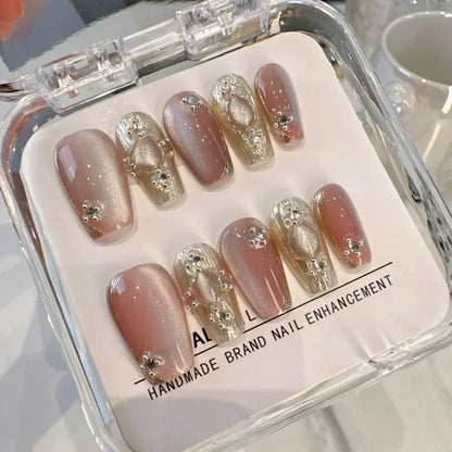 10PCS Pink Cat Eye Handmade Press On Nails Square Head Fake Nails Diamond Designs Full Cover Nail Art Tips Wearable False Nails