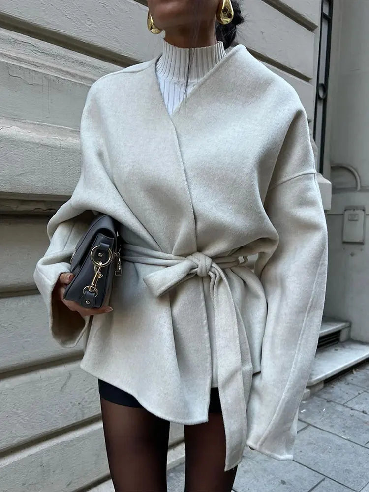 Elegant White Detachable Faux Fur Cuffs Woolen Coat Women Fashion Lapel Belt Long Sleeve Warm Jacket Autumn Lady Street Outwear