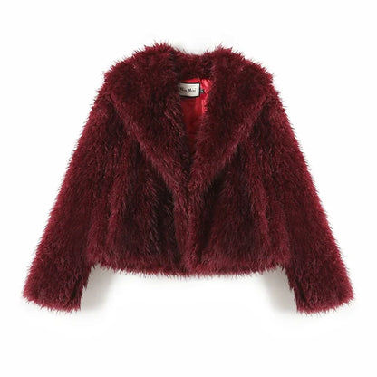Neo Mint 2024 Winter Hot Trendy Iconic Blogger Fashion Burgundy Faux Fur Coat Women Overcoat Girls Shawl Collar Lamb Fur Jacket