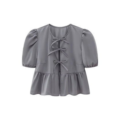 Combhasaki Women's Elegant Kawaii Summer Peplum Blouse Tops Short Puff Sleeve Round Neck Bow Tie-Up Front Babydoll Flare Shirts