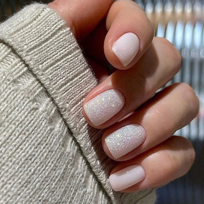 24Pcs White Ice Camellia Short False Nails Art Light Pink Sweet Girls Acrylic Press on Nails Full Cover Removable Fake Nail Set