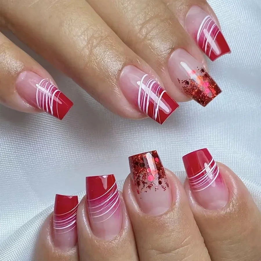 24Pcs Short Square Press on Nails Gradient Glitter False Nails French Tip Lines Acrylic Nails Full Cover Wearable Fake Nail Tips