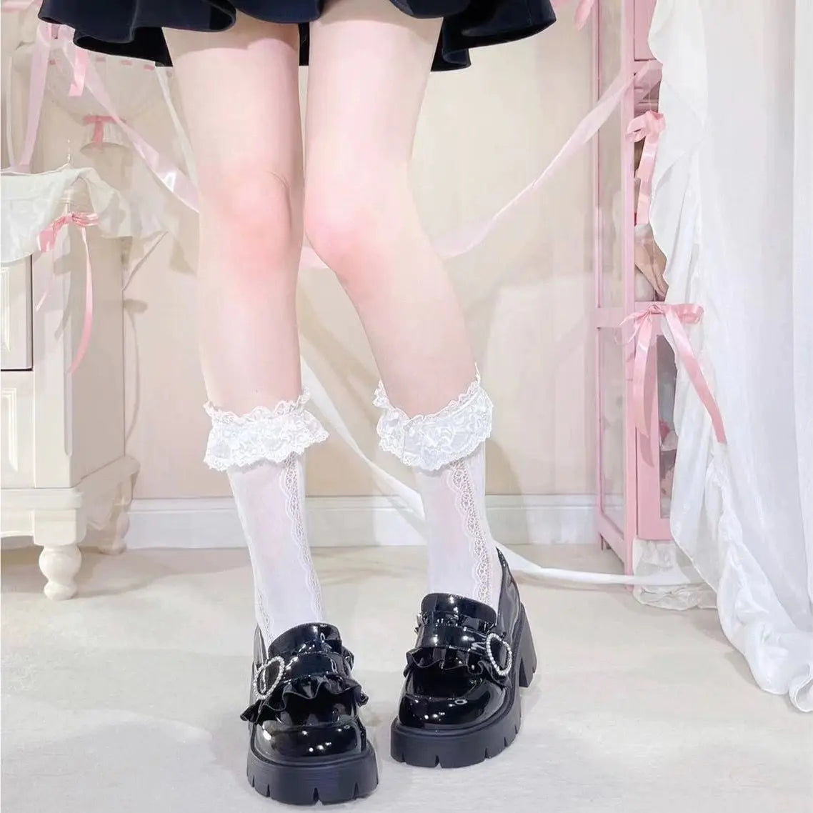 [Olmee] In Stock Jirai Kei Loafer Shoes Rhinestone Heart Japanese Basic Black Leather Lolita Cute Mine Style Kawaii y2k Sweet