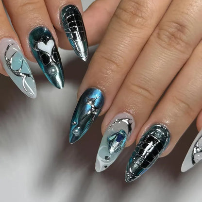 24Pcs Simple French Fake Nails with Almond Head Design Detachable 3D Irregular Star Pattern Press on False Nails Manicure Tools