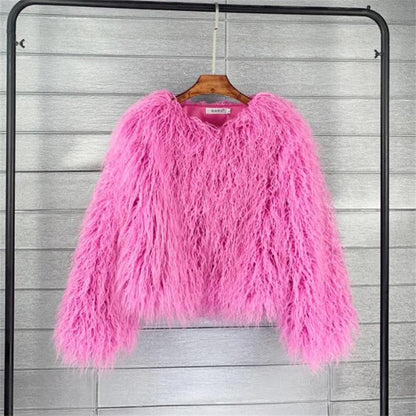 New Autumn Winter Warm Women Faux Fur Coat Loose Black White Pink Plush Coat Female Fur Jacket