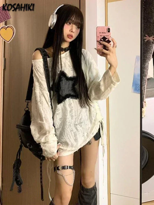 Grunge Hole T-shirt Women Fashion Star Print Y2k Aesthetic Loose Tees Kpop Fairycore Ripped Tshirt Harajuku Gothic Streetwear