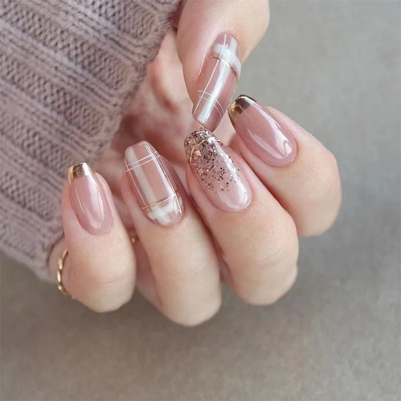 24Pcs Removable Wearable False Nails Art Short Glitter French Gold Edge Fake Nails Waterproof Press on Nail Tips Nails Supplies