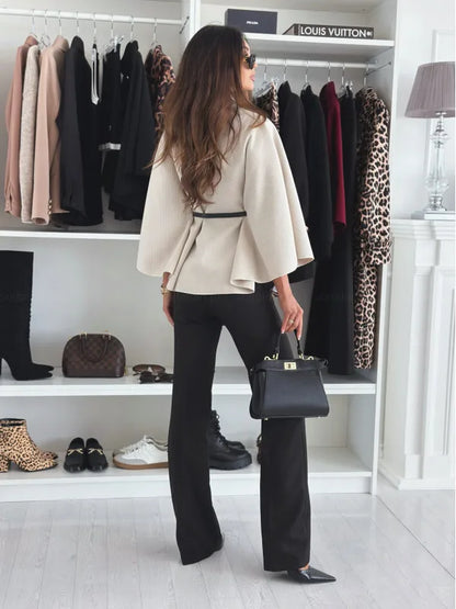 Autumn Winter Women Single Buckle Batwing Sleeve Coat Elegant Lady Cloak Cape Woollen Tweed Poncho Thick Warm Loose Outwear