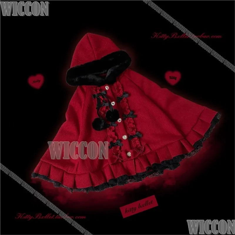 Jirai Kei Pompon Hooded Cape Cosplay Costume Cute Kawaii Falbala Cloak Winter Dress Girl Women Christmas Holloween Customized