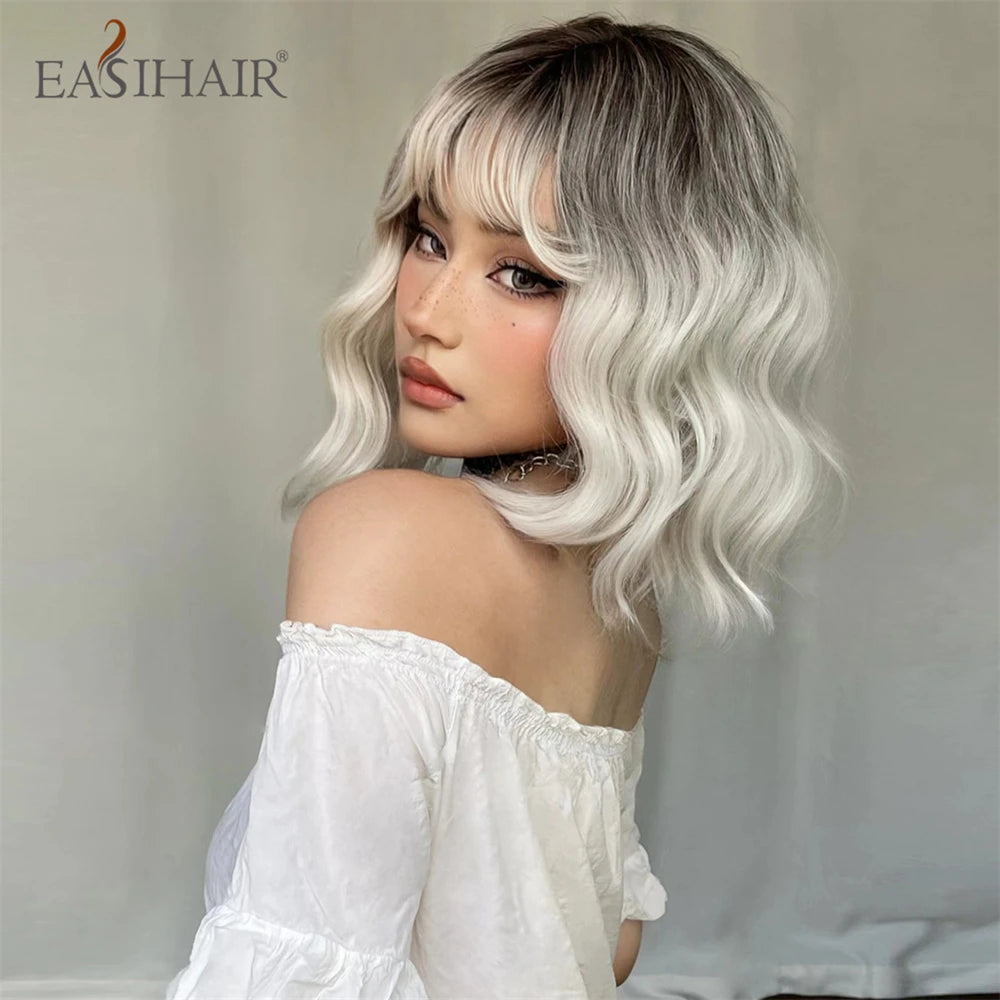 EASIHAIR Ombre Blonde Short Wavy Cosplay Lolita Wigs with Bangs Light Platinum Bob Synthetic Hair Wigs for Women Heat Resistant
