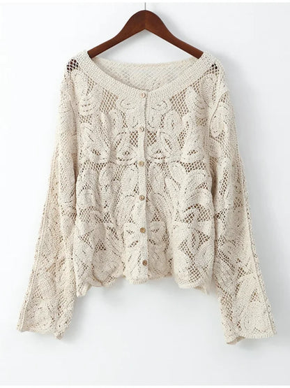 Women Elegant White Lace Hollow Out Shirts Vintage Single Breasted Long Sleeve Blouse 2024 Fashion Female Commuting Streetwear
