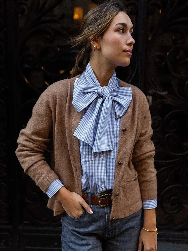 Fashion Striped Contrast O-neck Cropped Blouse Women's Chic Single Breasted Long Sleeve Loose Shirts 2025 Lady Casual Streetwear