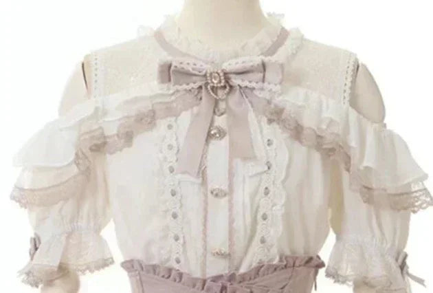 Sweet Cute Girls Short Sleeve Tops Japanese Style Mine Mass-Produced 2025 Summer Kawaii Slimming Lace Off-Shoulder Shirt