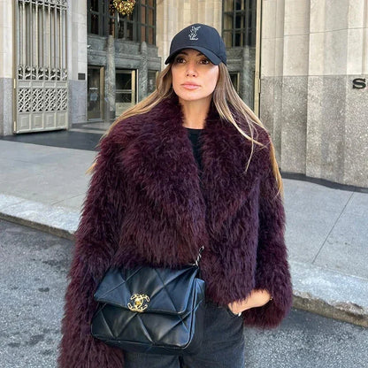 Neo Mint 2024 Winter Hot Trendy Iconic Blogger Fashion Burgundy Faux Fur Coat Women Overcoat Girls Shawl Collar Lamb Fur Jacket