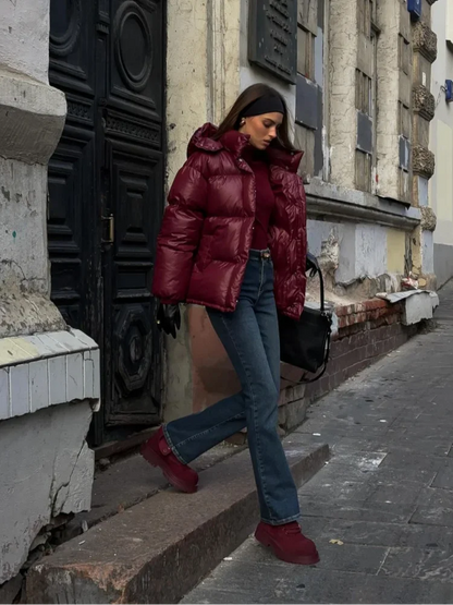 2024 Winter Burgundy Hooded Warm Cotton Coats Fashion Stand Collar Single Breasted Zipper Cotton Jacket Female Elegant Outerwear