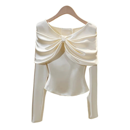Autumn Spring 2025 Women's Blouse Elegant Ruffled Ruched Slim Waist Top Shirt Long Sleeve Casual 40916