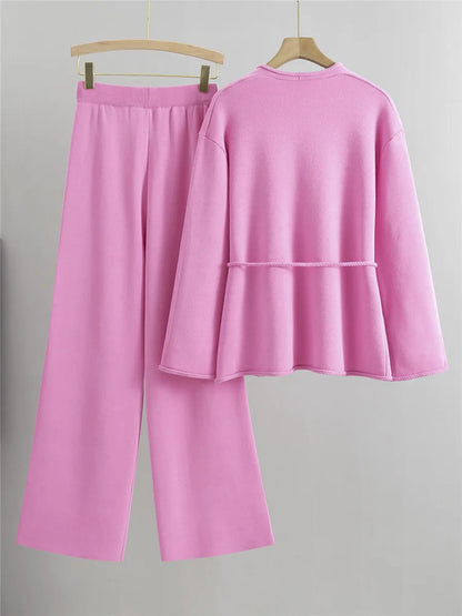 Spring Fall Knit 2 Pieces Sets Women Knitwear V-neck Braid Belt Cardigan Tops Conjuntos Korean High Waist Sweatpants Outfit New