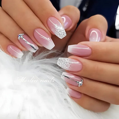 24Pcs Gradient White Fake Nail Short Square Ballet Simple False Nails Press on Wearable Nude Nails Art Full Cover Manicure Tips