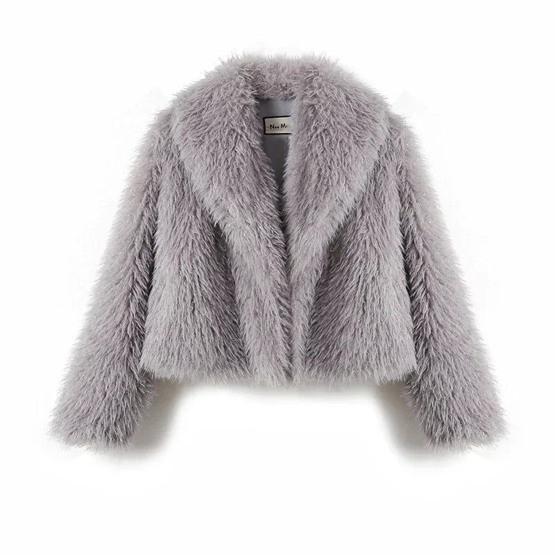 Neo Mint 2024 Winter Hot Trendy Iconic Blogger Fashion Burgundy Faux Fur Coat Women Overcoat Girls Shawl Collar Lamb Fur Jacket