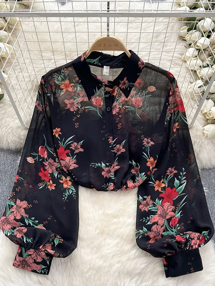 Spring Autumn Temperament Fashion Retro Chiffon Floral Blouses Print Loose Lapel Puff Sleeve Top Button Up Shirt Female GD611