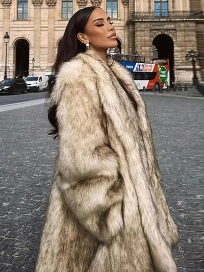 Luxury Fluffy Faux Fur Long Coat Women Lapel Long Sleeve Loose Thicken Warm Overcoat 2024 Autumn Winter Lady Fashion Streetwear