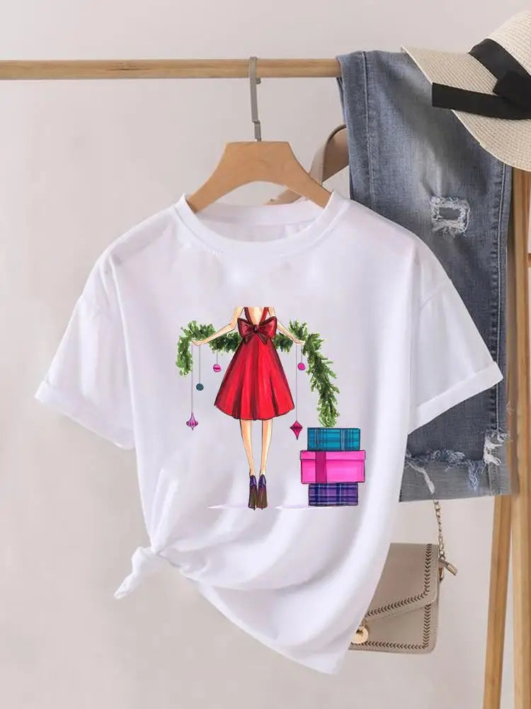 Lady New Year Short Sleeve Print Fashion Women Shirt Tee Top Paw Dog Cat Trend Cute Christmas Clothing Clothes Graphic T-shirt