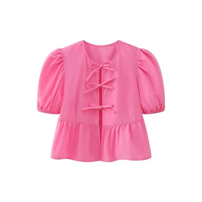 Combhasaki Women's Elegant Kawaii Summer Peplum Blouse Tops Short Puff Sleeve Round Neck Bow Tie-Up Front Babydoll Flare Shirts