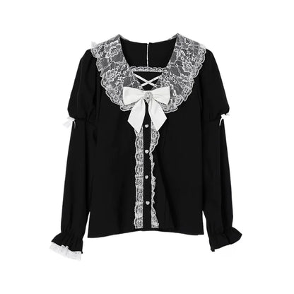 Japanese Gothic Lolita Shirt Women Harajuku Jirai Kei Bow Long Lantern Sleeve Blouses Y2k Aesthetic Elegant Sweet Clothes Tops