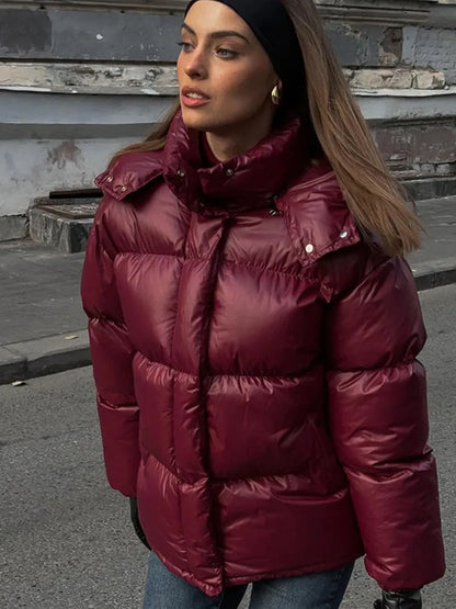 Women Fashion Burgundy Red Hooded Padded Jacket Winter Warm Stand Collar Zipper Breasted Parka 2024 New Lady High Streetwear