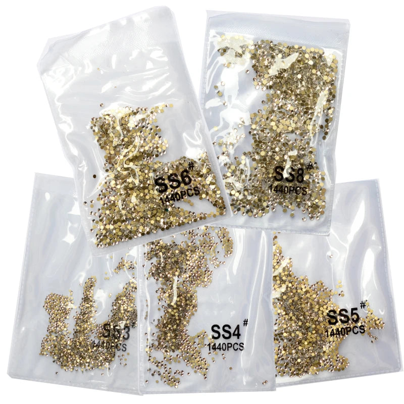 SS3-ss8 1440pcs Clear Crystal AB gold 3D Non HotFix FlatBack Nail Art Rhinestones Decorations Shoes And Dancing Decoration