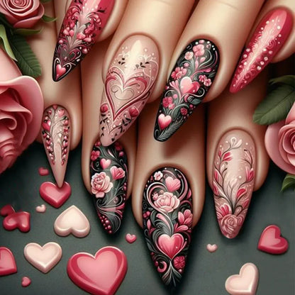 24Pcs Autumn Winter Matte Almond False Nails with Glue Rose Leaf Printing Nail Art Simple Full Cover Press on Acrylic Nails Tips