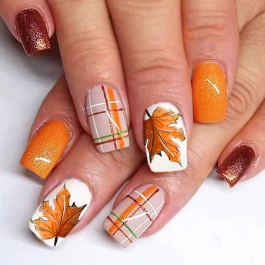 24pcs Autumn Maple Leaves Press on Nails Thanksgiving Day Gifts Fake Nail Patch Wearable Short Square Shiny False Nail Tips
