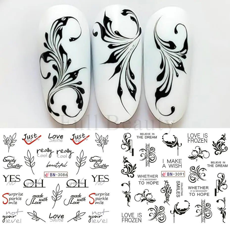 12pcs Black Leaves Letter Nail Stickers Water Transfer Decals Purple Flower Lace Sliders Decorations Manicure Charm Foils LABN