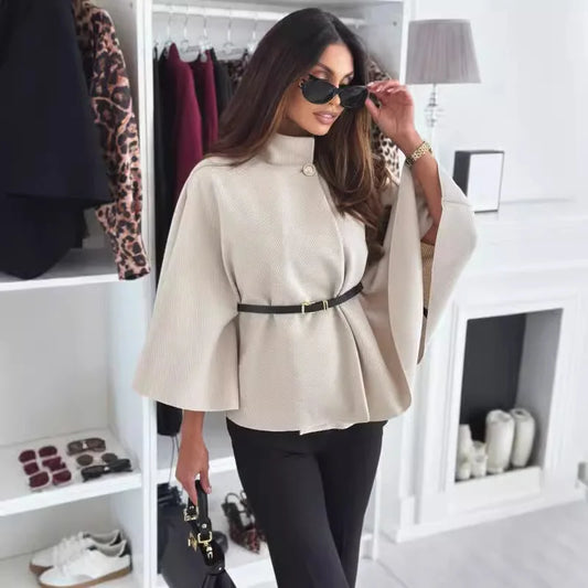 Autumn Winter Women Single Buckle Batwing Sleeve Coat Elegant Lady Cloak Cape Woollen Tweed Poncho Thick Warm Loose Outwear