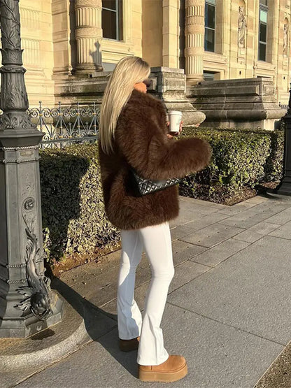 Luxury Brown Oversized Stand Collar Faux Fur Coats Women Fashion Long Sleeve Loose Thicken Jackets 2024 Winter Lady Streetwear