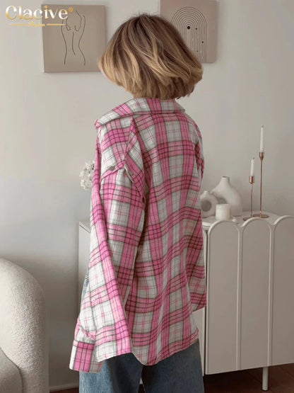 Clacive Fashion Loose Plaid Office Women's Shirt Vintage Lapel Long Sleeve Shirts Elegant Classic Blouse Top Female Clothing