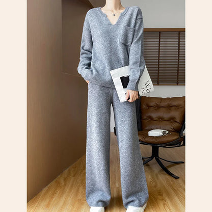 Women Wool V-neck Sweater Pullovers Casual Straight Pants Spring Autumn Winter Knitwear 100% Merino Wool Two-piece Suit Clothing