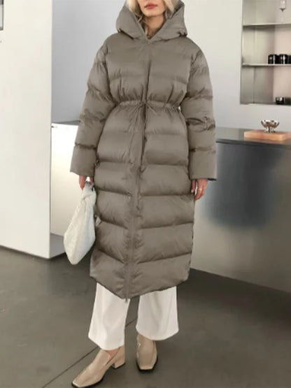 2024 Women Winter Solid Long Cotton Coats Fashion Hooded High Waist Drawstring Thick Warm Parkas Lady Casual Street Outcoat