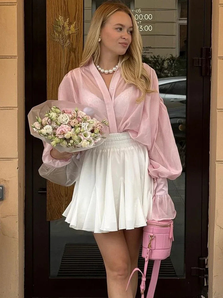 Tossy Casual Loose See-Through Shirts Women's Autumn Lapel Long Sleeve Patchwork Blouse Top Streetwear Female Solid Shirts Top