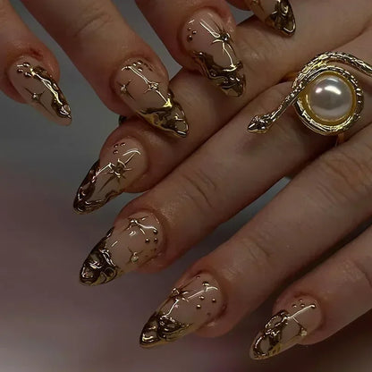 24Pcs French Gold Edge Wearable Almond Press on Fake Nails Simple Pearl Decoration False Nails with Glue Full Over Manicure Tips