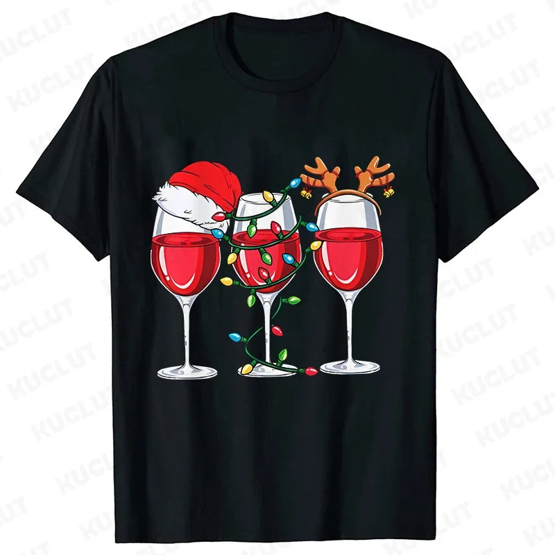 Christmas Wine T Shirts for Women Clothing Funny Cartoon T-shirts Kawaii Fashion Tshirt Korean Female Tops Christmas Wine Tees