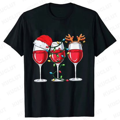 Christmas Wine T Shirts for Women Clothing Funny Cartoon T-shirts Kawaii Fashion Tshirt Korean Female Tops Christmas Wine Tees