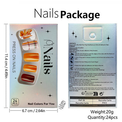 24pcs Autumn Maple Leaves Press on Nails Thanksgiving Day Gifts Fake Nail Patch Wearable Short Square Shiny False Nail Tips