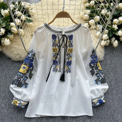 Neploe Fresh O Neck Lantern Sleeve Pullover Panelled Mujer Sweet Lace Up All-match Embroidery Shirt New Heavy Tassels Blouses
