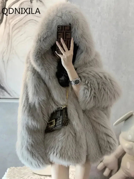 Women's Winter Jacket，Imitation Fox Fur Coat，new in Outerwears，Hooded Fur Jacket，faux Fur Coat Women，winter Coats Woman 2024