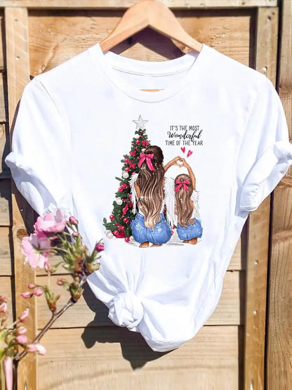 Merry Christmas New Year Holiday Graphic T Tee Fashion Cat Tree Lovely 90s Cute 2025 Print T Top Women Shirt Clothing T-shirts