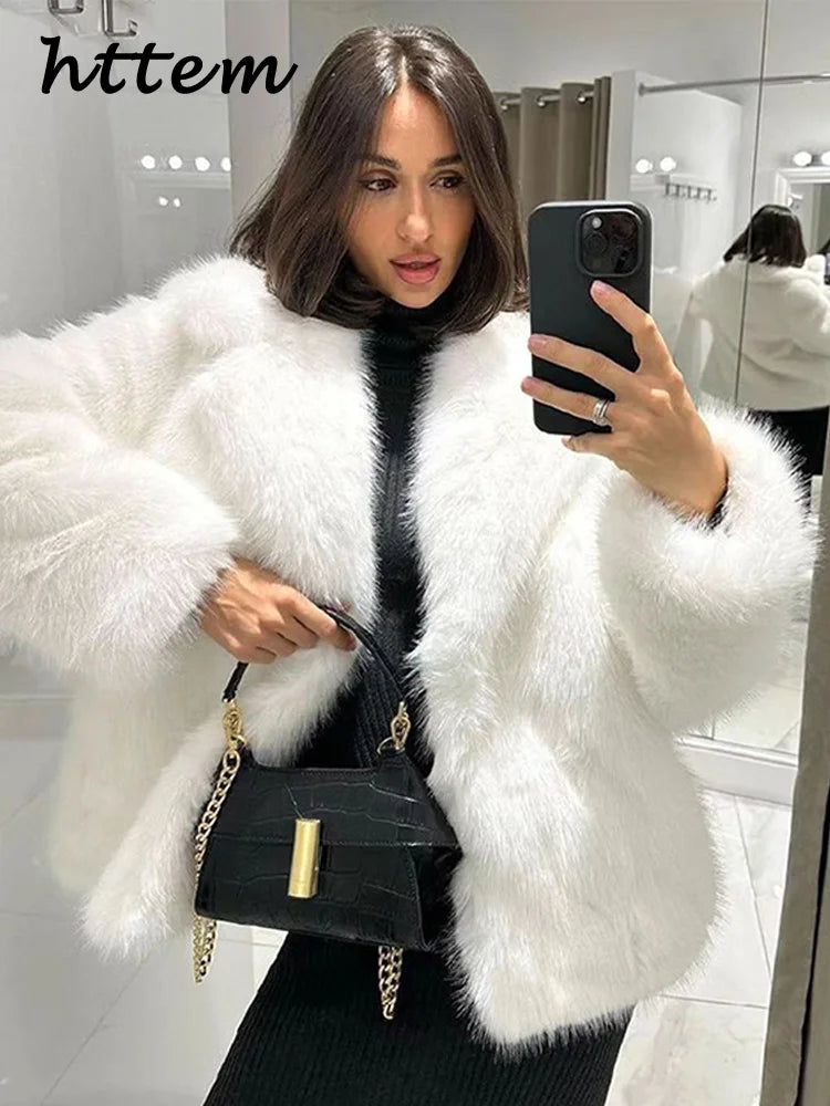Street Women's White Faux Fur Coat Loose Lapel Long Sleeve Female Furry Jacket 2024 Autumn Winter Lady Luxury Plush Overcoat New