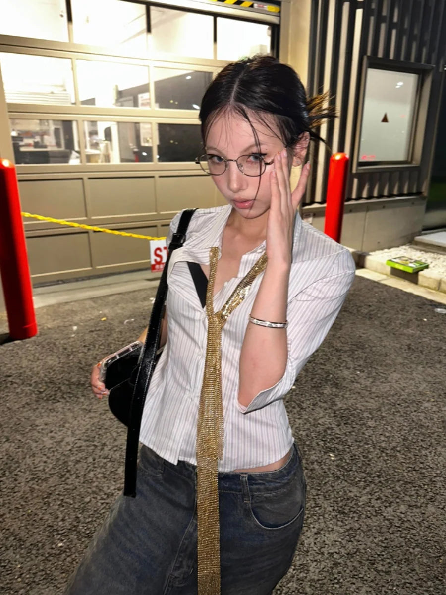 Genayooa Korean Fashion Shirt Women Striped Three Quarter Slim Shirt Y2k Vintage Tops Streetwear Japanese 2000s Retro Shirts