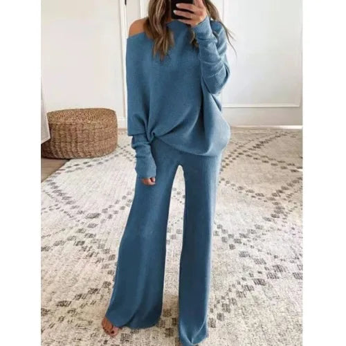 Fashion Long-sleeved Bateau Collar Top + Wide-leg Pants 2-piece Set Women Elegant Autumn Solid Color Knitted Loose Suit Female
